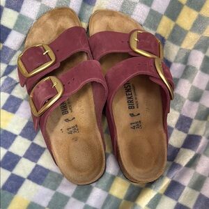 Birkenstock Burgundy Sandals with Gold Buckles